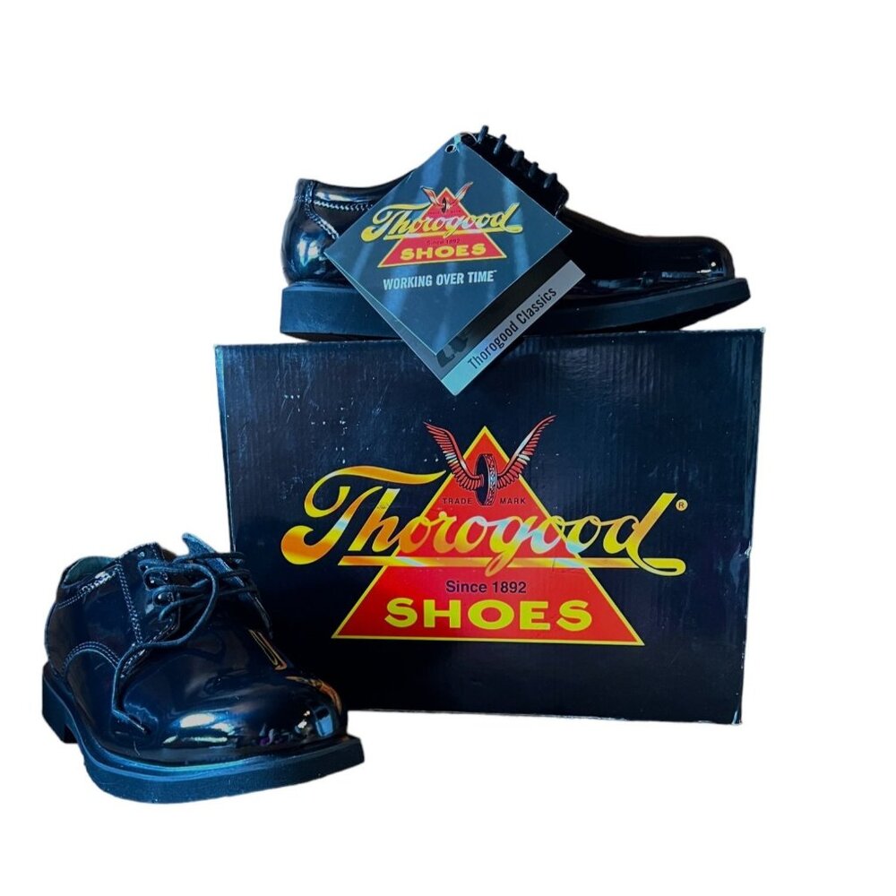 Thorogood Mens Poromeric Academy Oxford Shoes 8.5M Black Gloss Slip-Resistant - Picture 1 of 11